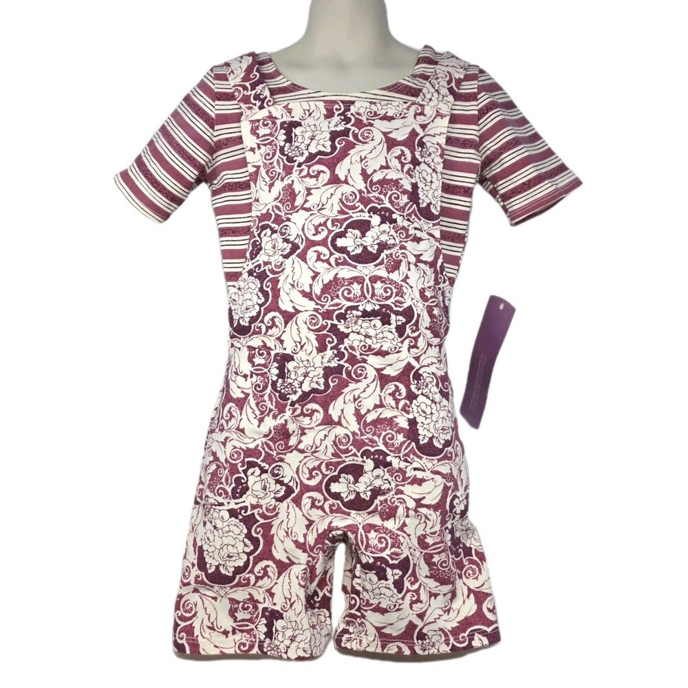 Gilda Marx Y2K 90s Floral Damask Cotton Shortall Biketard Cream Mauve Girls Size